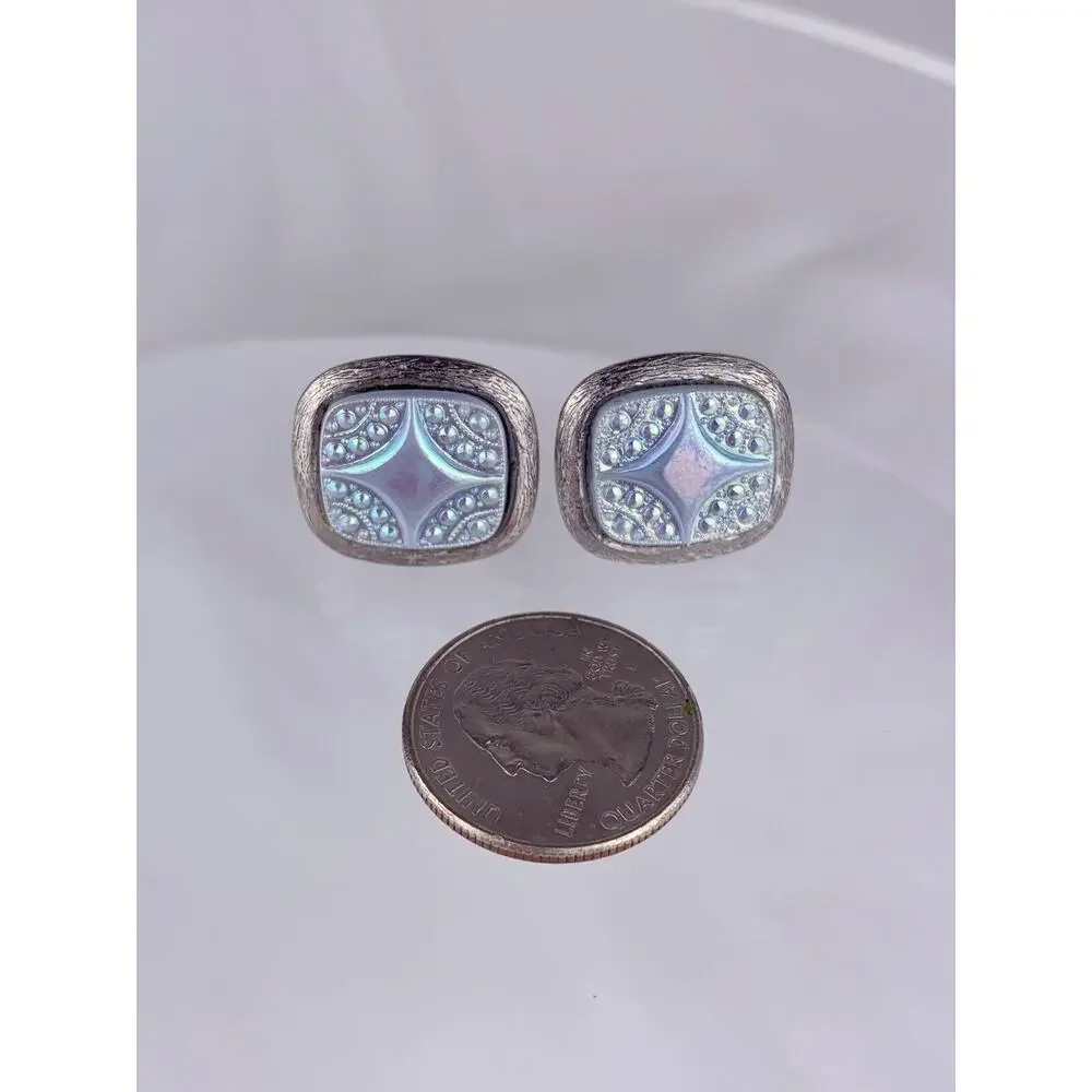 Light Blue Iridescent Lucite Silver Tone Cufflinks Acrylic Diamond Star Vintage